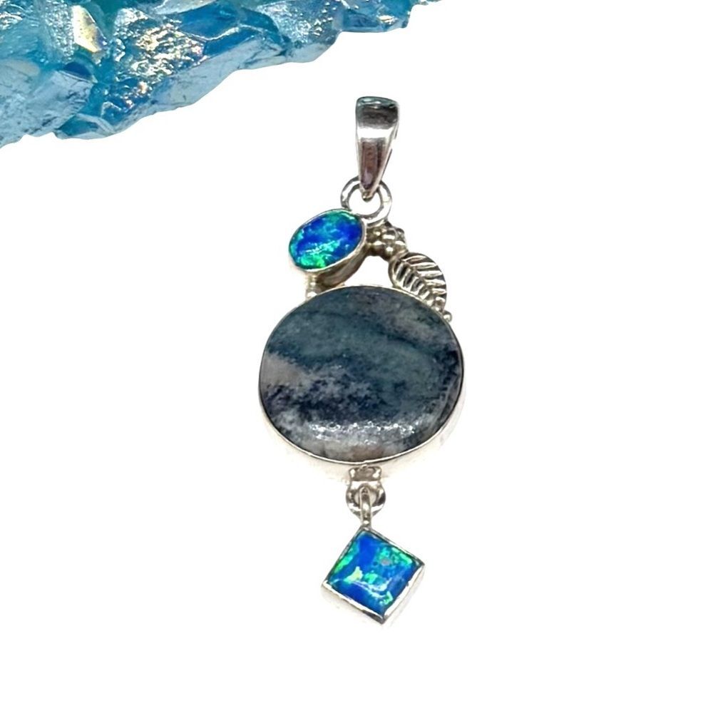 Blue Scheelite Fire Opal Necklace Pendant Solid 925 Sterling Silver Etched Leaf